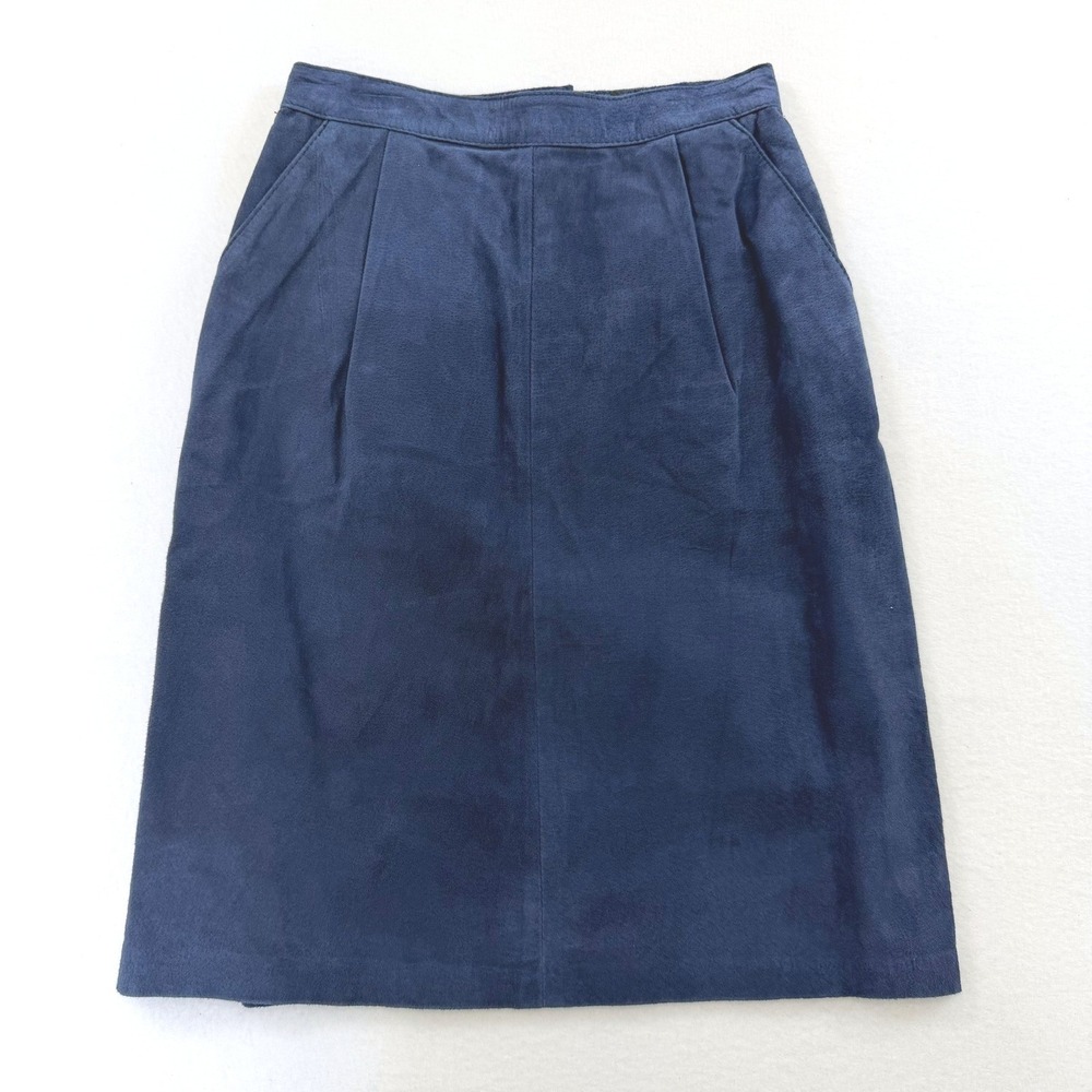 Vintage Toffs Navy Blue Genuine Suede Leather Midi Skirt Pleated Pockets Size 4M